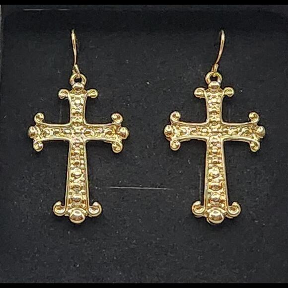 Raphael Gold Tone Cross Dangle Earrings – Women’s Faith Jewelry - Picture 5 of 5